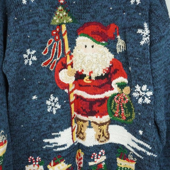 Vintage Tiara International Blue Crew Neck Embroidered Santa Sweater Size Medium - Picture 3 of 7